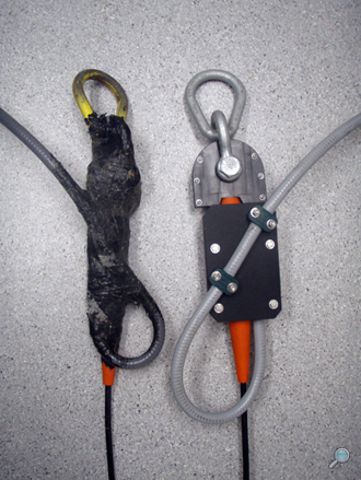 Left: Original strain relief (tape / liquid rubber); Right: New quick connect strain relief Left: Original strain relief (tape / liquid rubber); Right: New quick connect strain relief